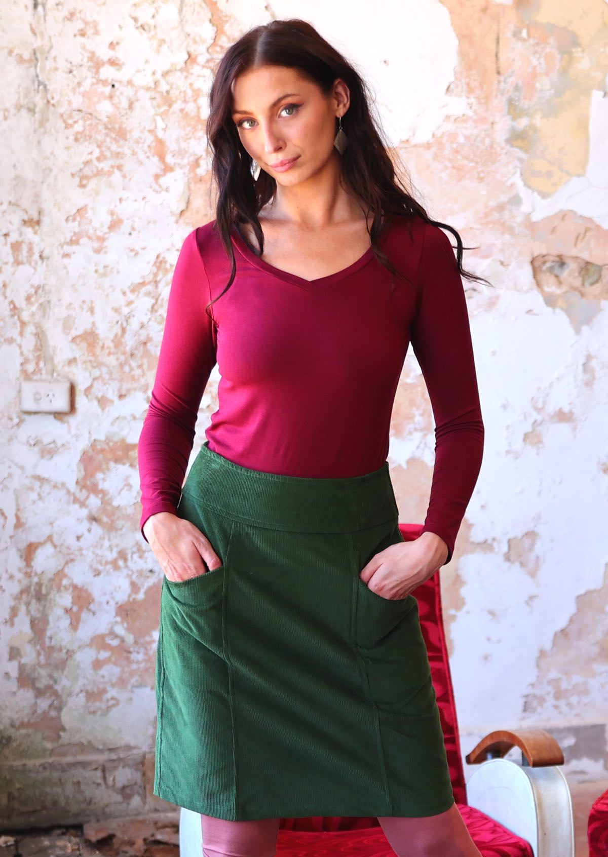 Midi Skirt Plus Size Corduroy Skirt V Neck Aalia Cord Skirt