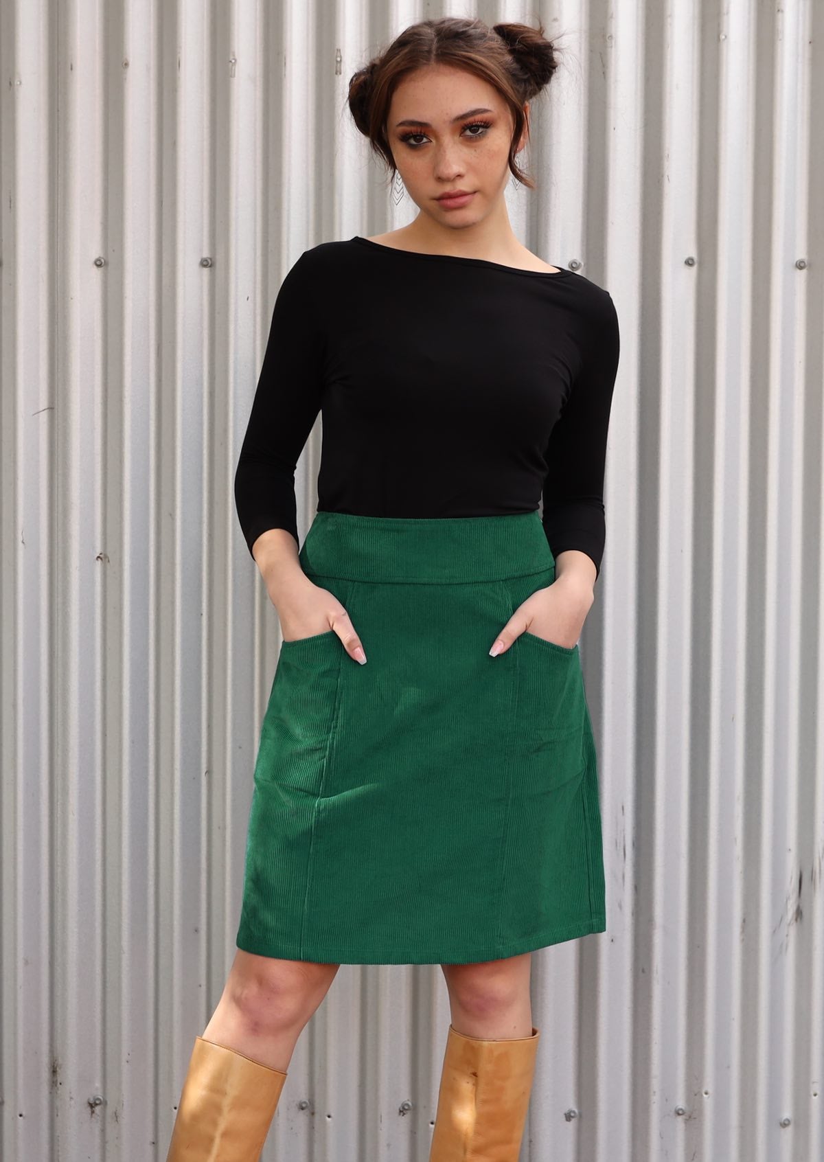 Cotton corduroy A-line skirt with pockets