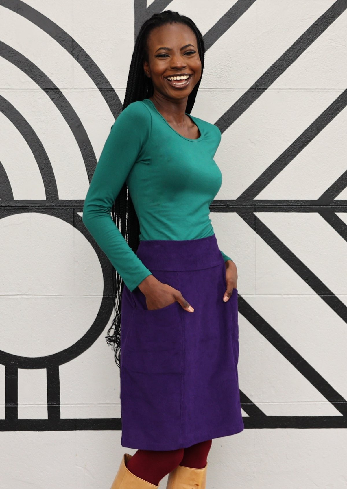 Cotton corduroy purple above knee skirt with pockets