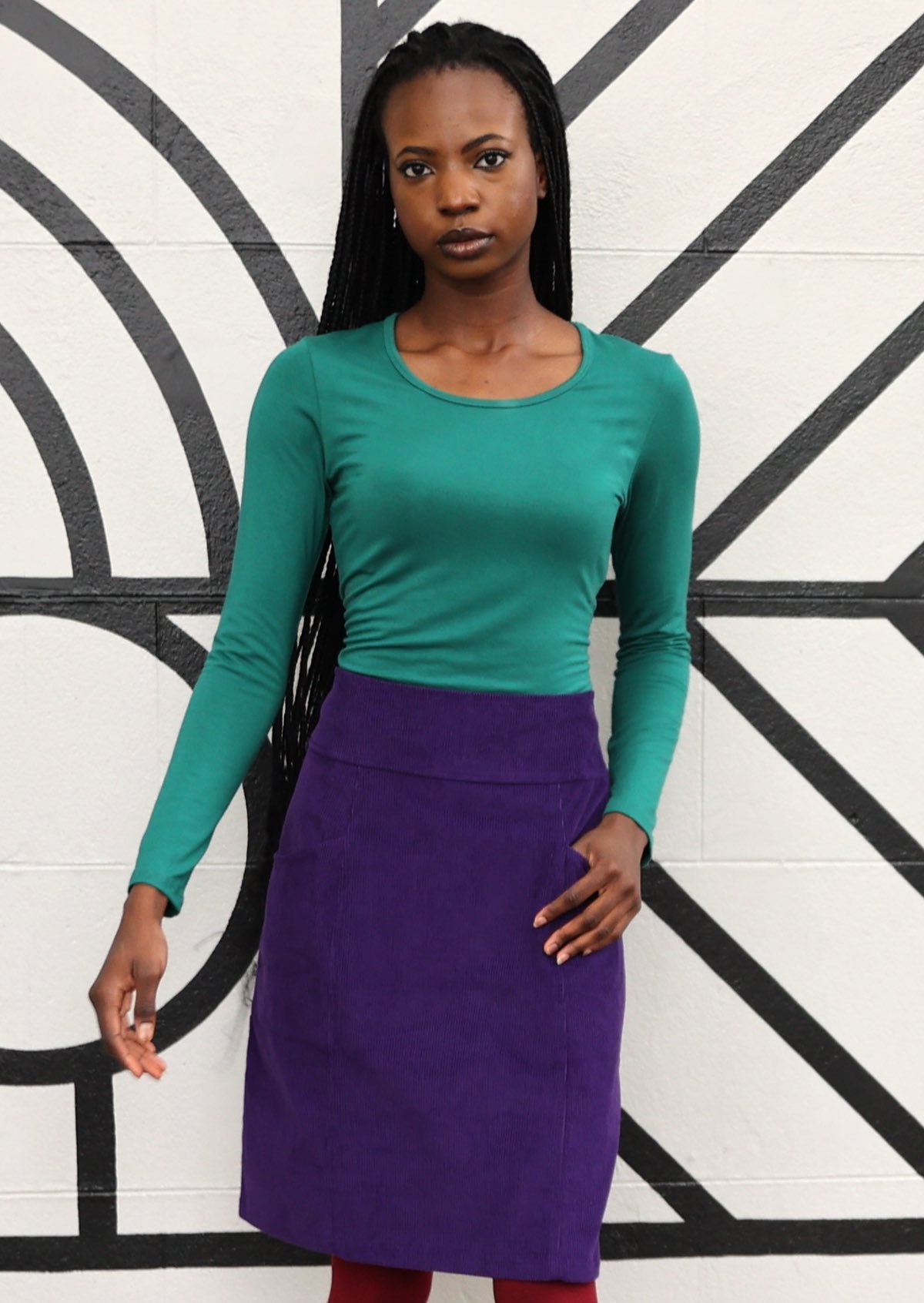 Bright purple cotton corduroy above knee skirt
