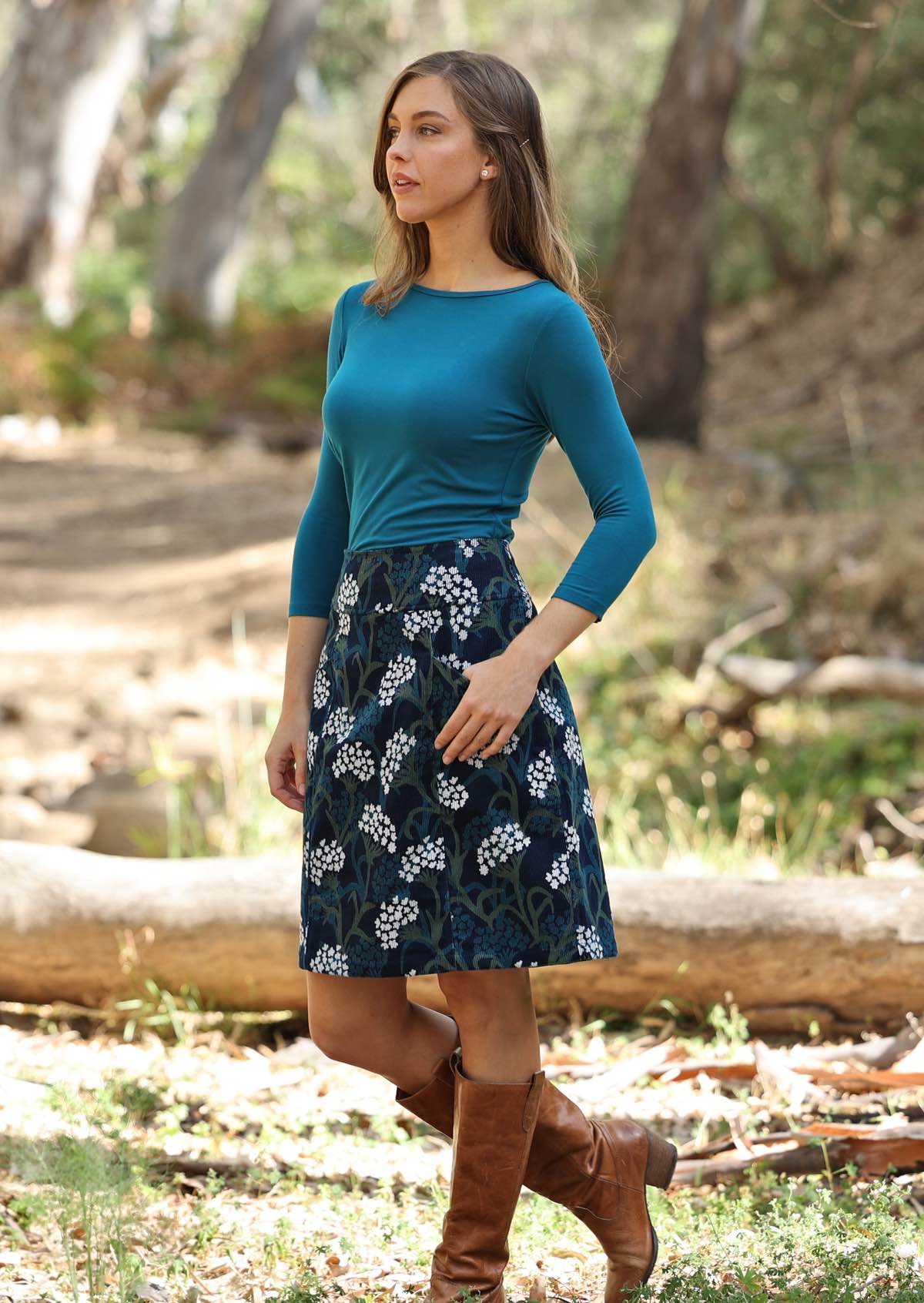A-line corduroy skirt with floral print on dark blue base