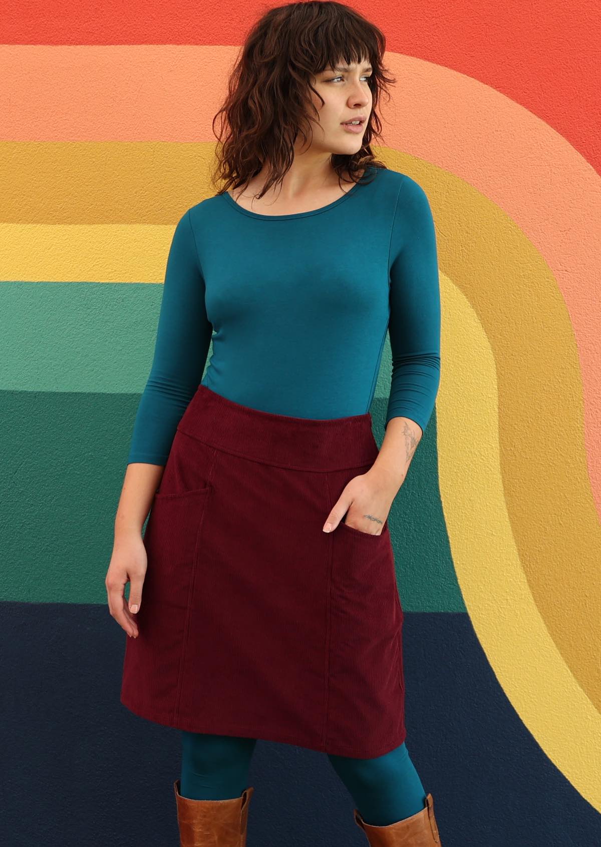 Maroon cotton corduroy A-line skirt with pockets