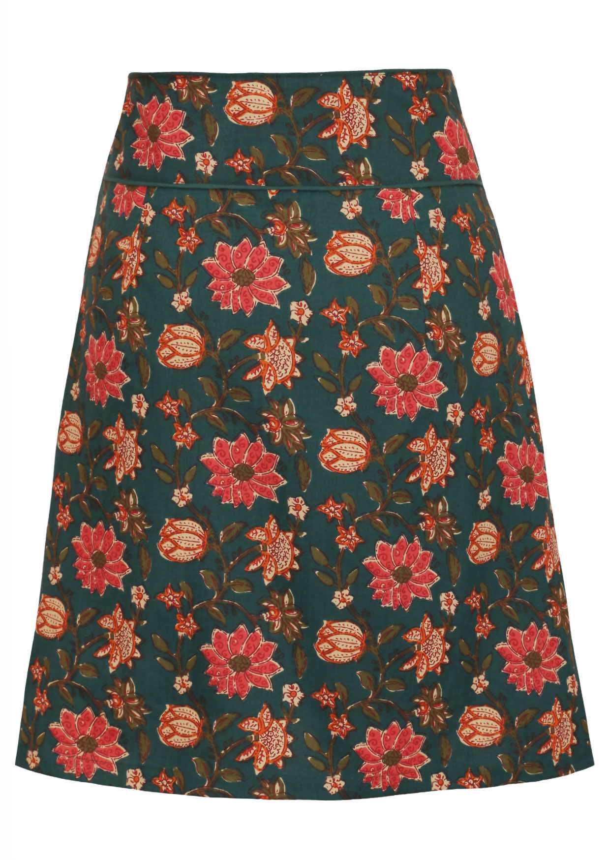 Beautiful floral printed, above knee length cotton skirt in green 