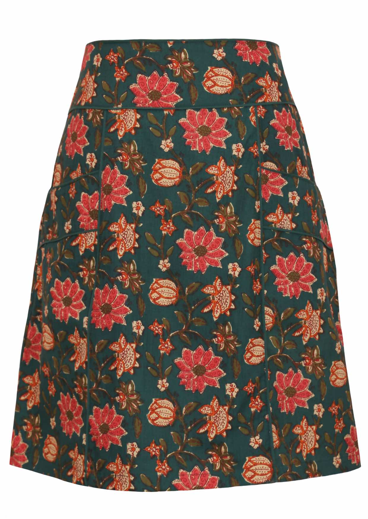 100% cotton above knee skirt with piped details, pockets and bold  pinkish florals on deep green base.