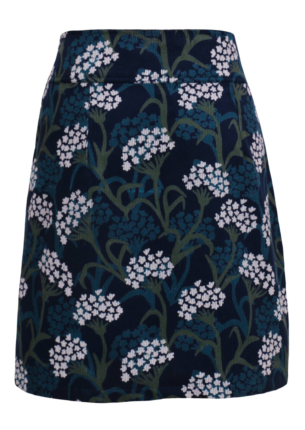 Floral corduroy mid length skirt featuring a hidden side zip. 