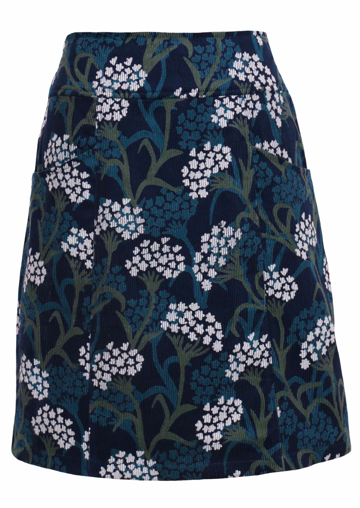 Mid length skirt features a yarrow flower print with white and green on a deep blue base.