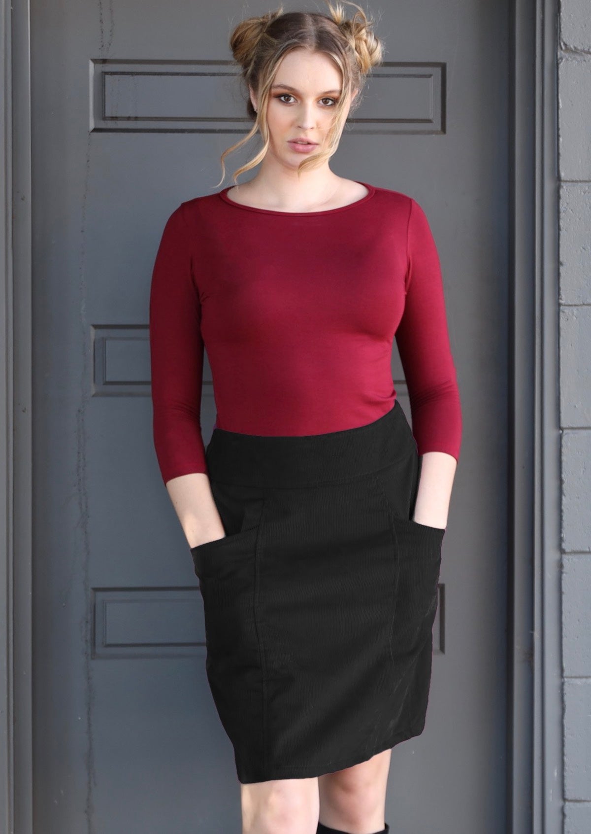 Aalia Cord Skirt Black with pockets 