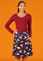 Aalia Skirt Percival Dark Navy Base with Bird Print 100% Cotton A-iline Skirt | Karma East Australia