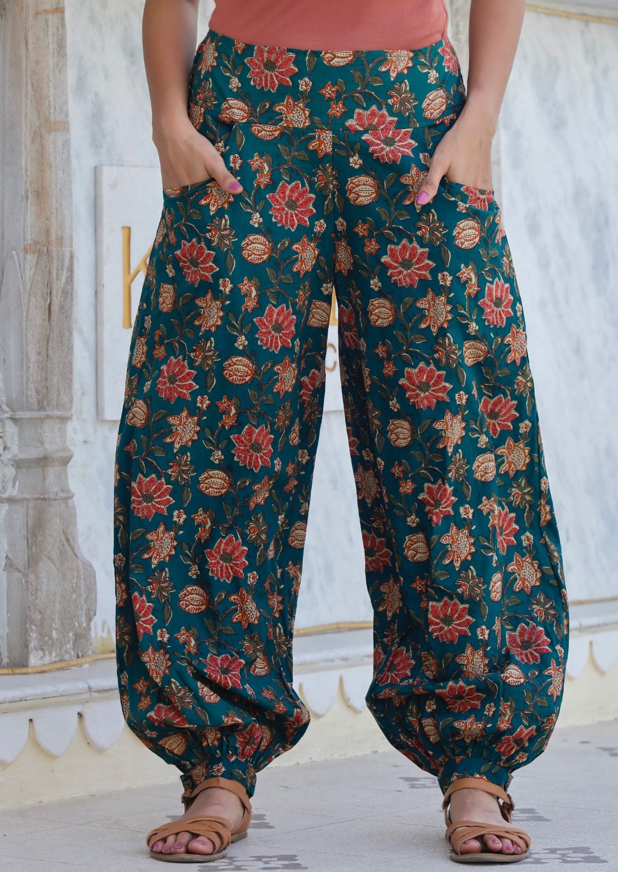 Karma East | 100% cotton harem pants with wide elastic waistband, pockets and cuffed ankles 