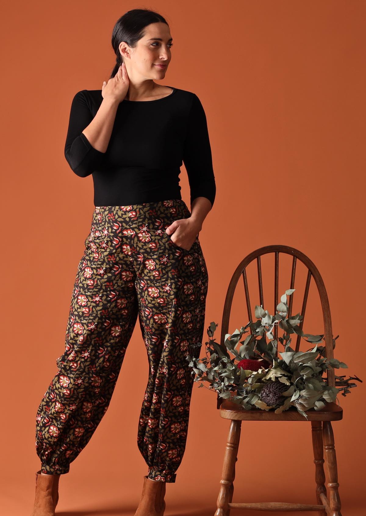 high waisted cotton women's pants floral