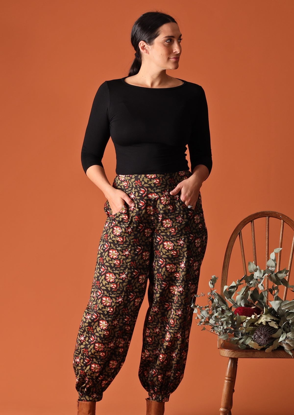 Lightweight Cotton Pants Black and Olive Green Floral Print