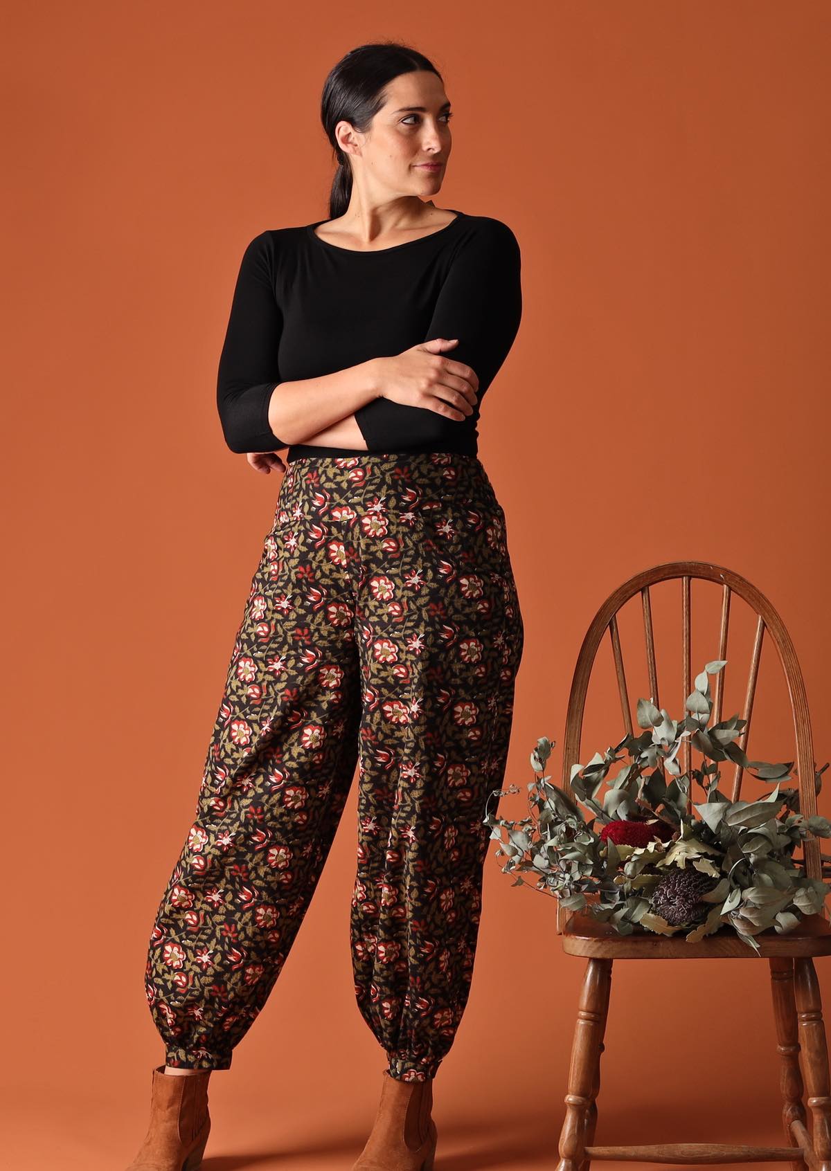 Indian cotton black background green and red floral print pant