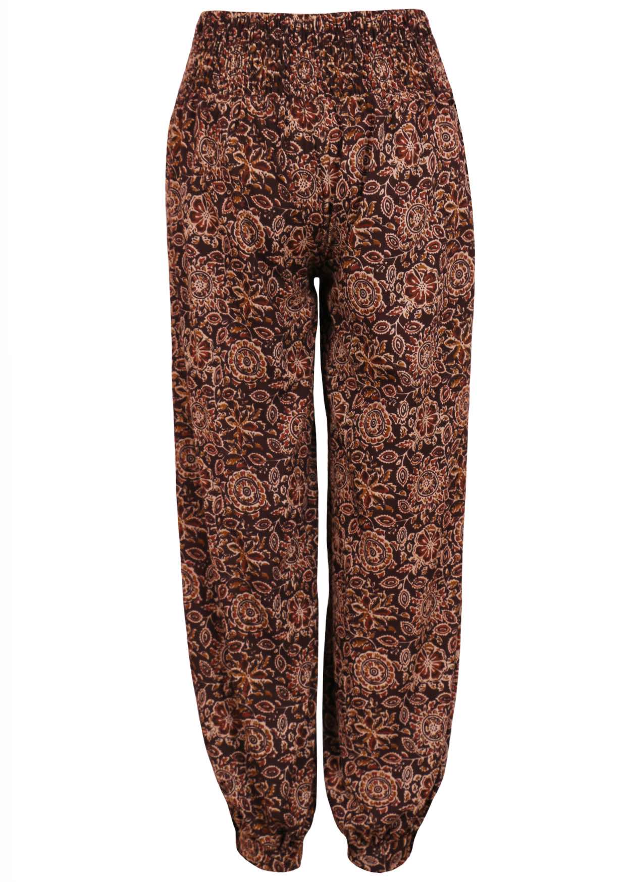Back image of cotton harem pants with buttoned ankle, and wide waistband elasticated at back.