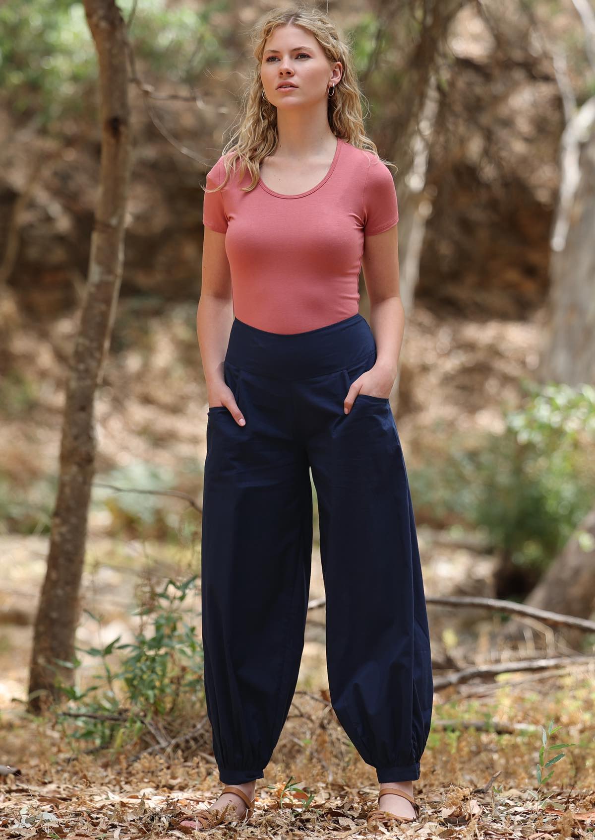 Wide waistband cotton genie pants with cuffed ankles