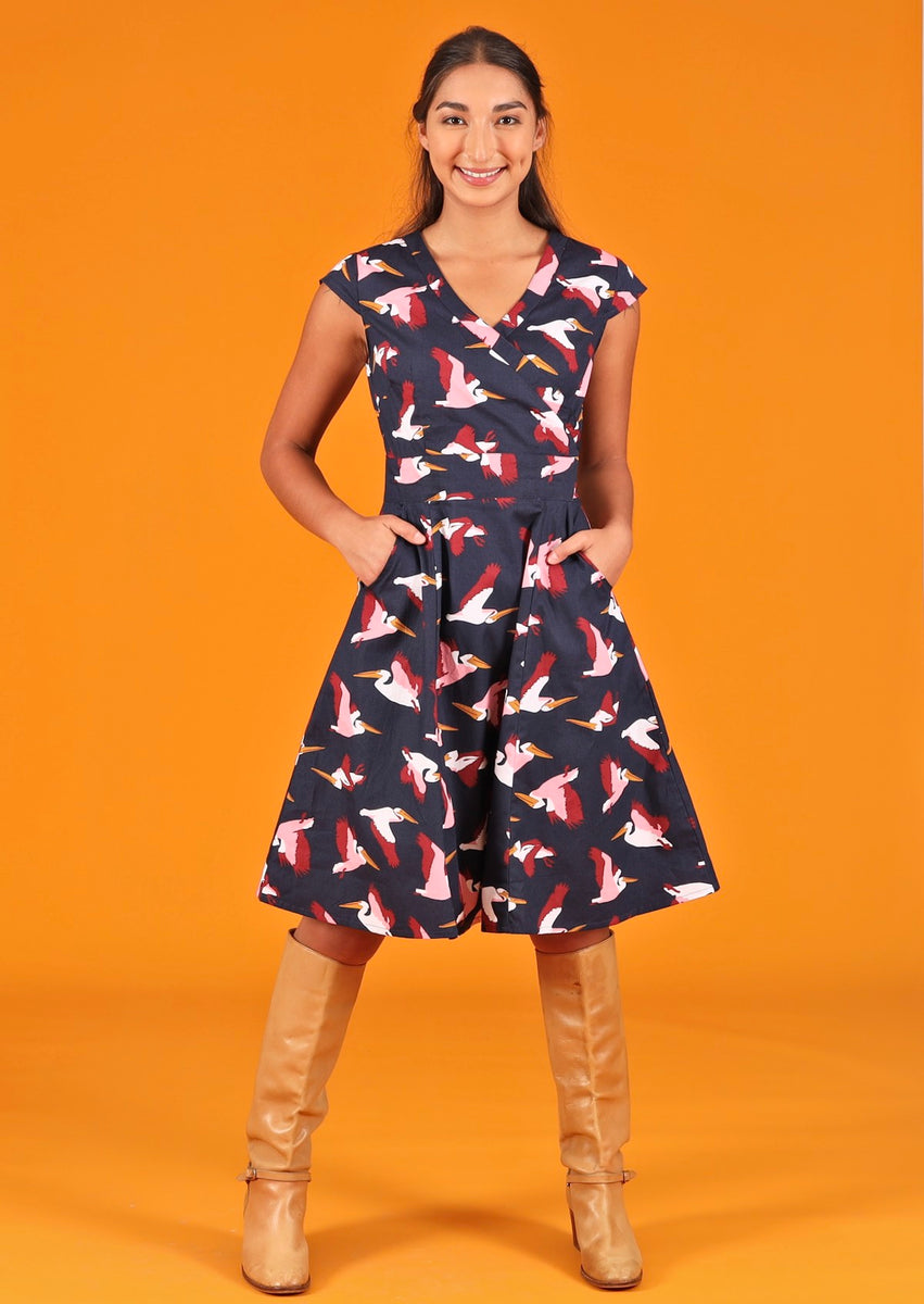 Alice Retro Vintage Style Cotton Dress Pelican Print | Karma East Australia