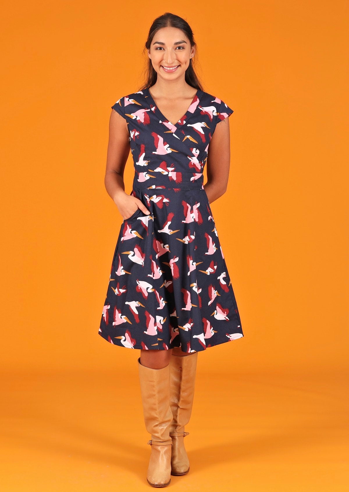 Woman wearing  retro style cotton dress with pockets
