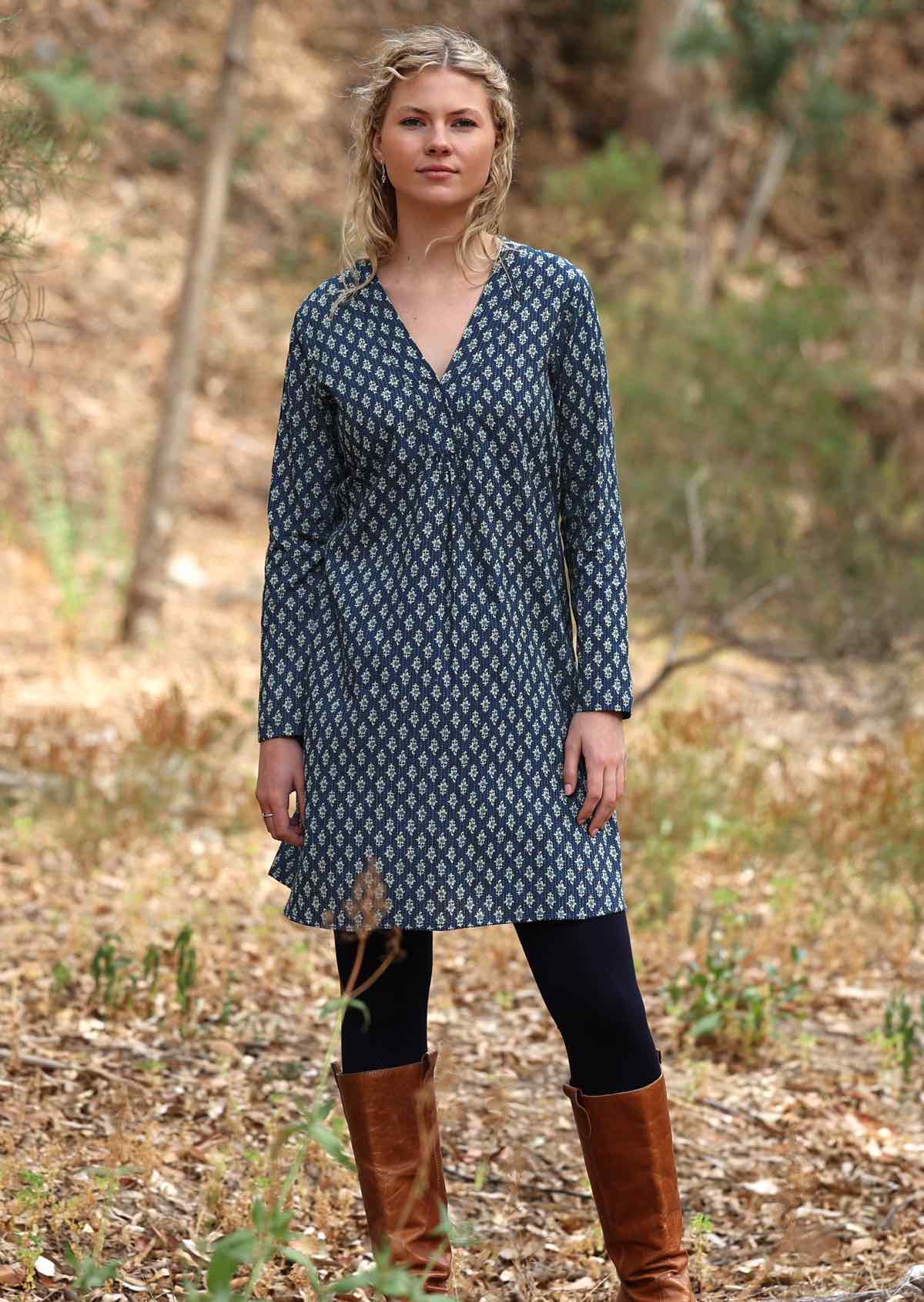 Delicate flowers on a blue base lightweight cotton long sleeve tunic