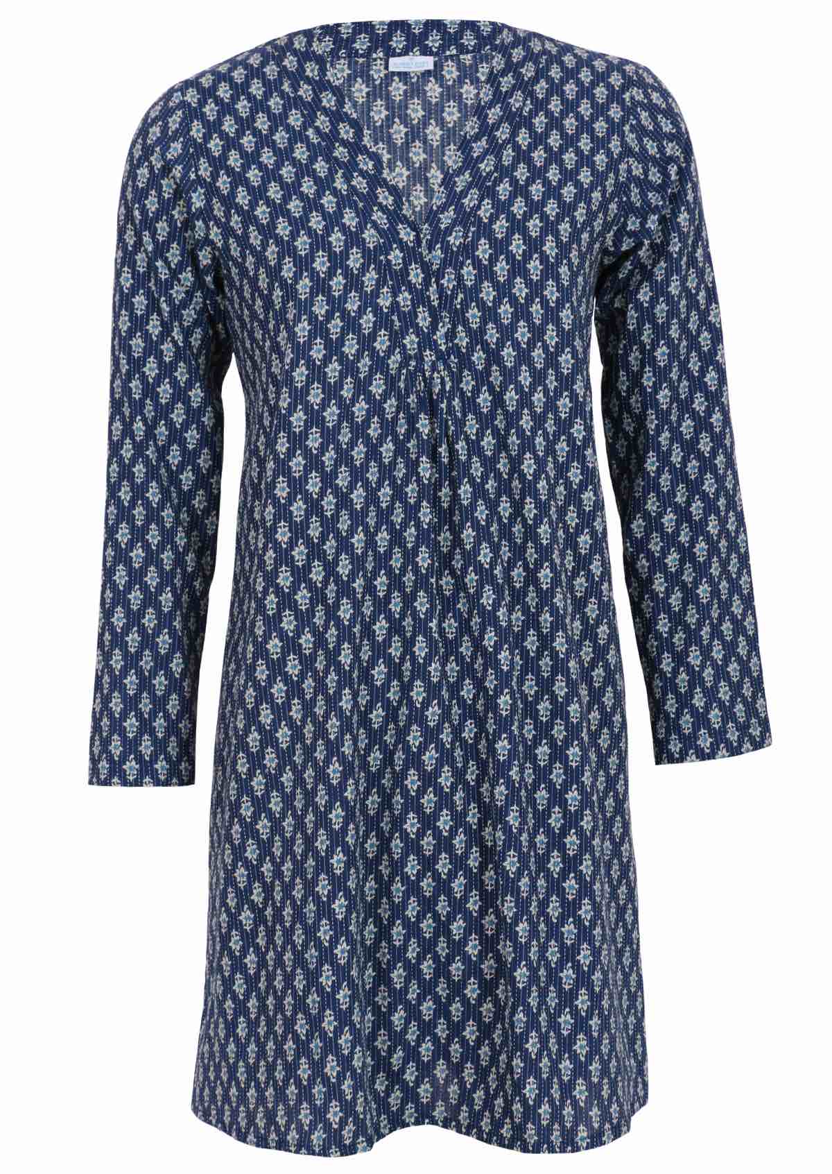 100% lightweight cotton tunic in blue has 3/4 sleeves. 