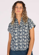 cotton blue floral print collared top