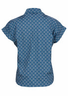 100% cotton top in blue with a white decorative print features a collar. 