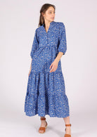 Delicate white floral on a blue base cotton maxi dress with 3/4 sleeves