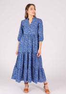 3/4 sleeve tiered blue base cotton maxi dress
