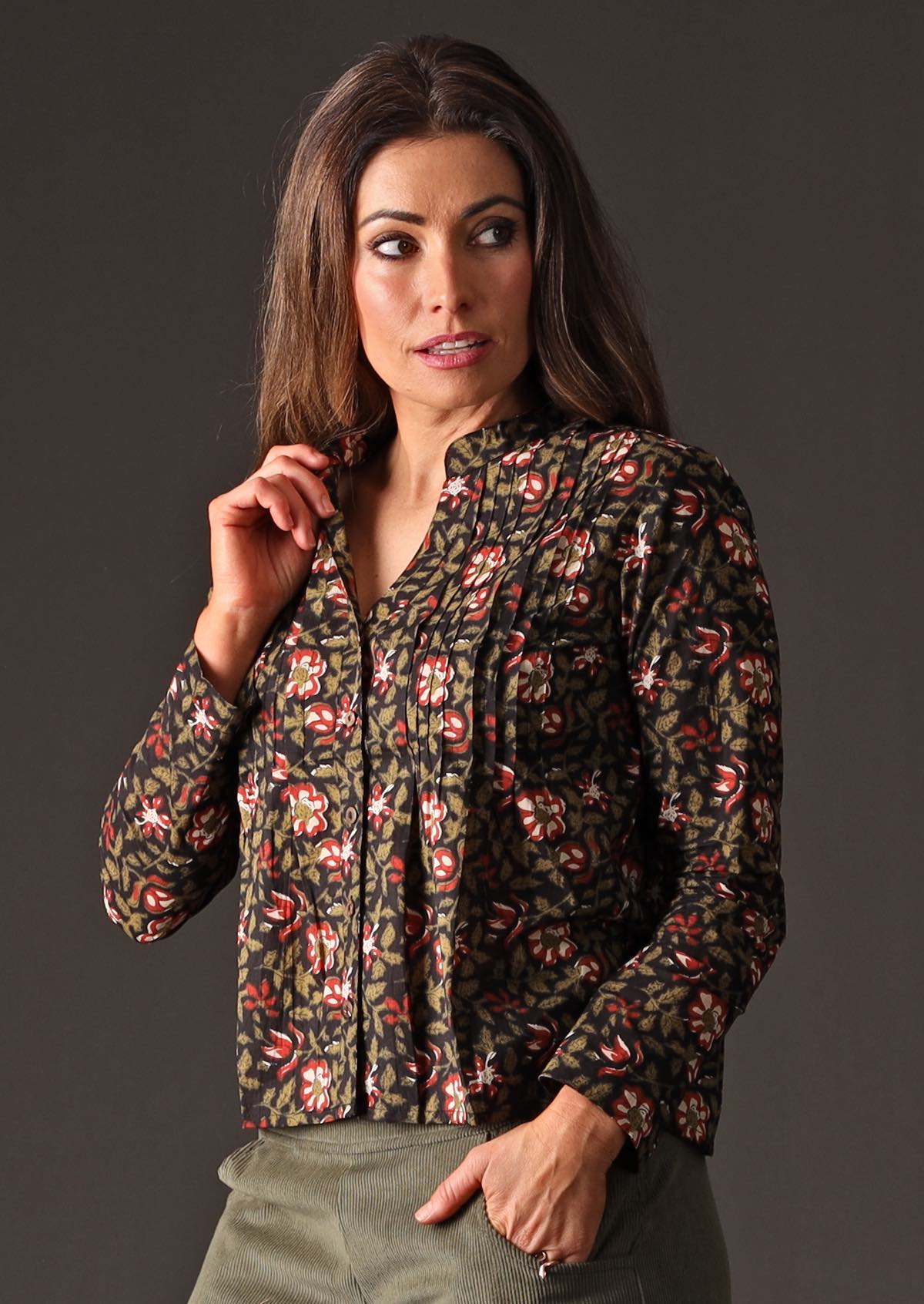 Model in Asha Top Wild Rose black floral print cotton blouse side view