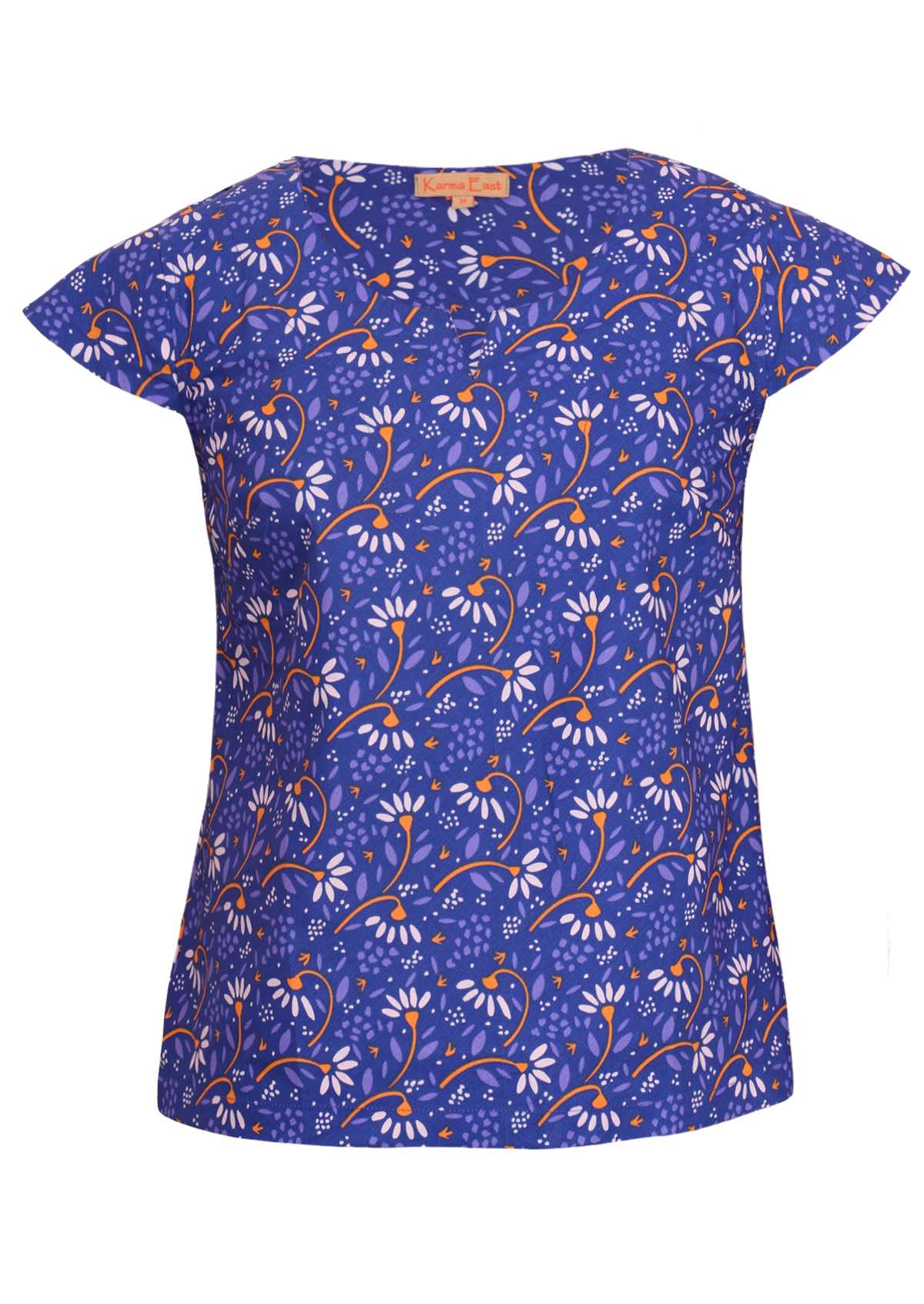Blue based. cotton top with a round neck and sweet keyhole cutout. 