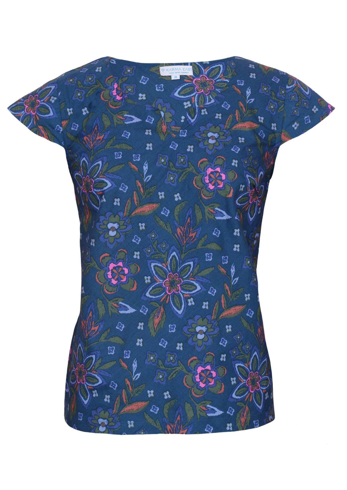 Green, orange and pink florals are on a 100% cotton blue base top. 