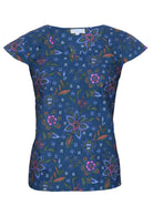 Green, orange and pink florals are on a 100% cotton blue base top. 