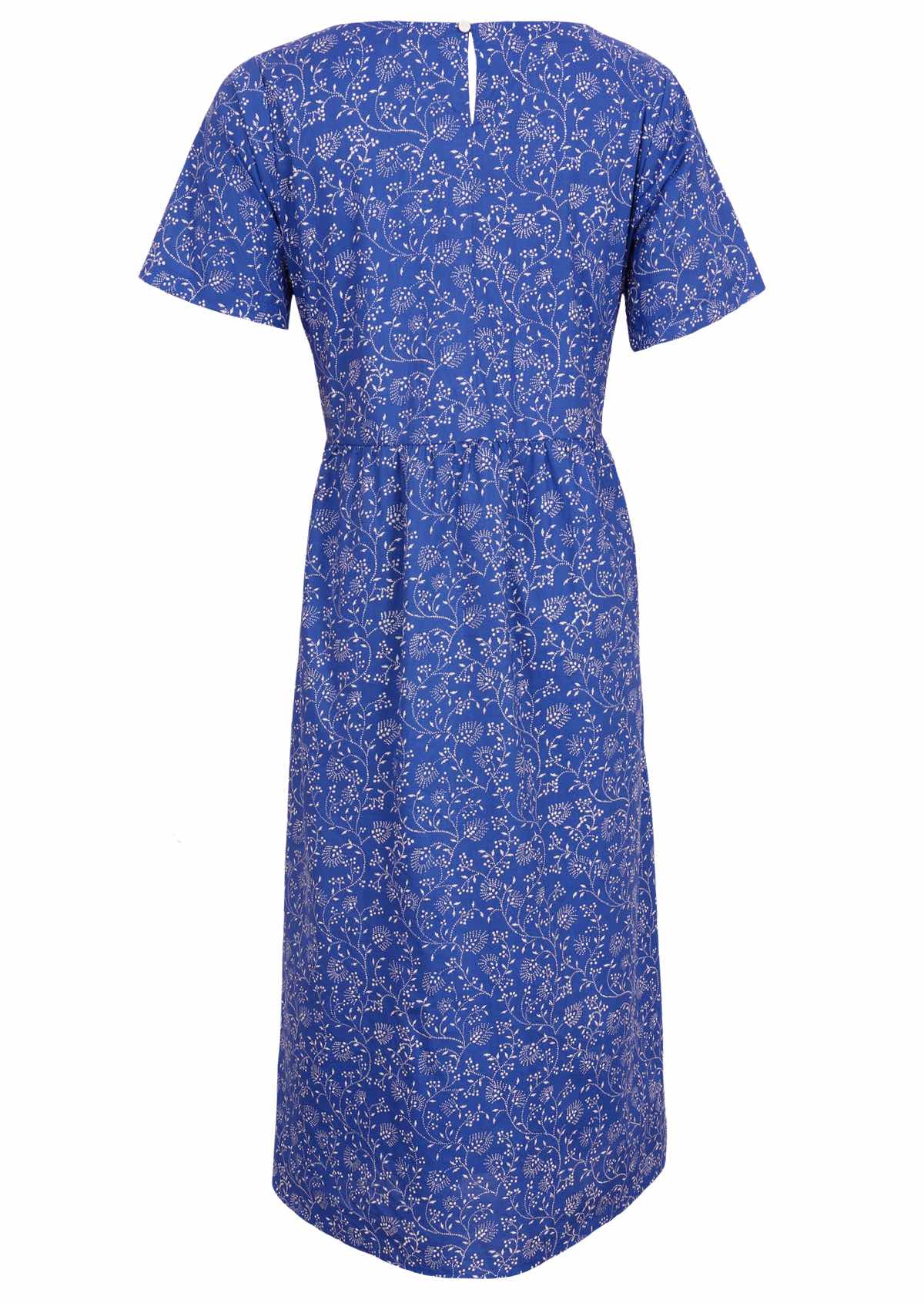 Mid calf length dress with a keyhole button back, made from 100% cotton. 