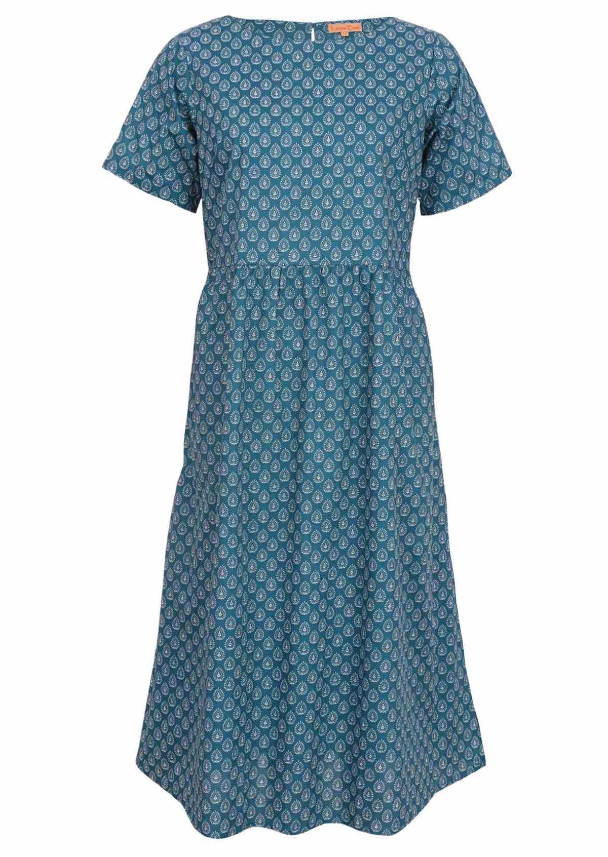 Midi length cotton dress with wide round neckline snd T-shirt sleeves