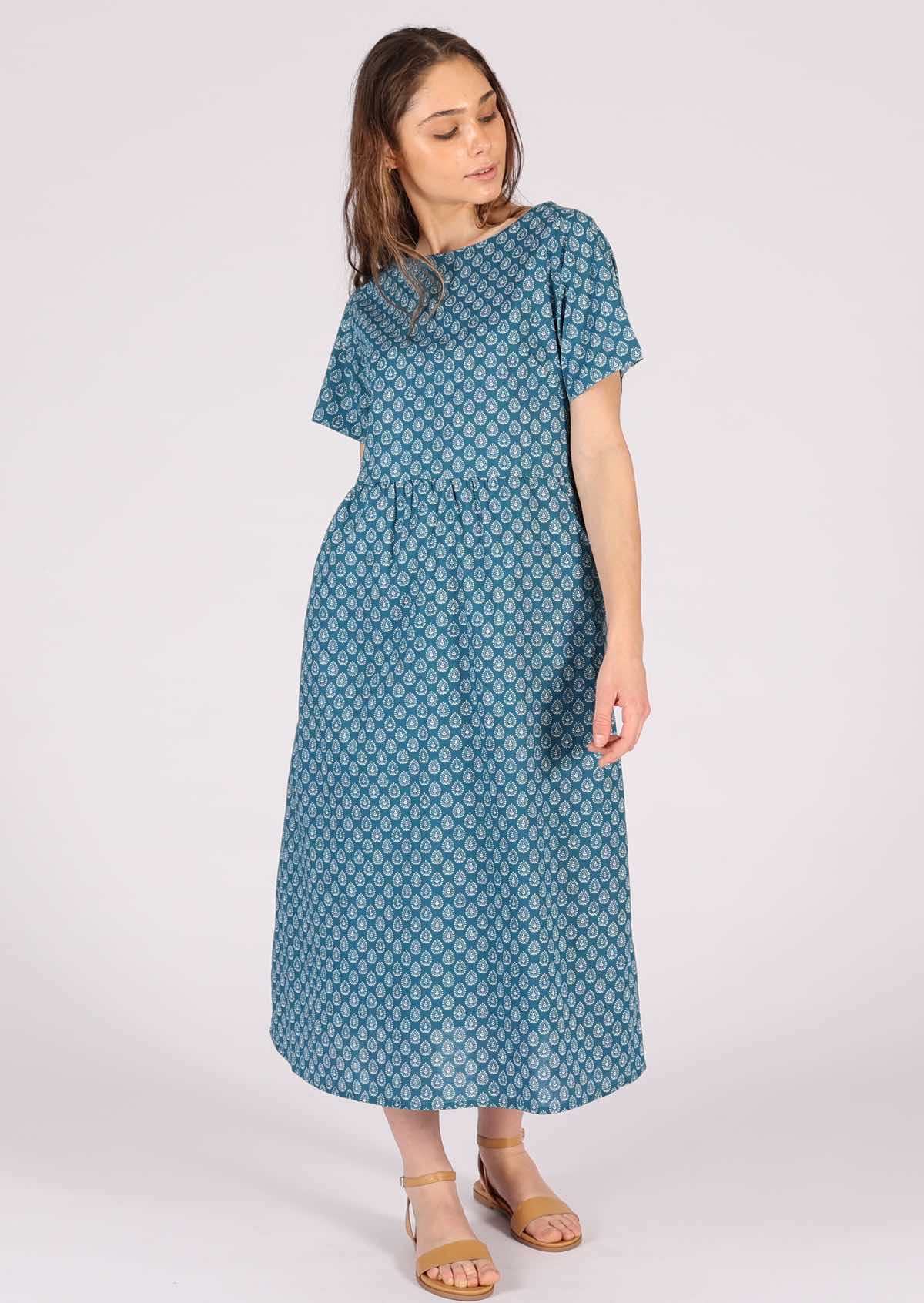 White pendant print on blue base cotton relaxed fit dress