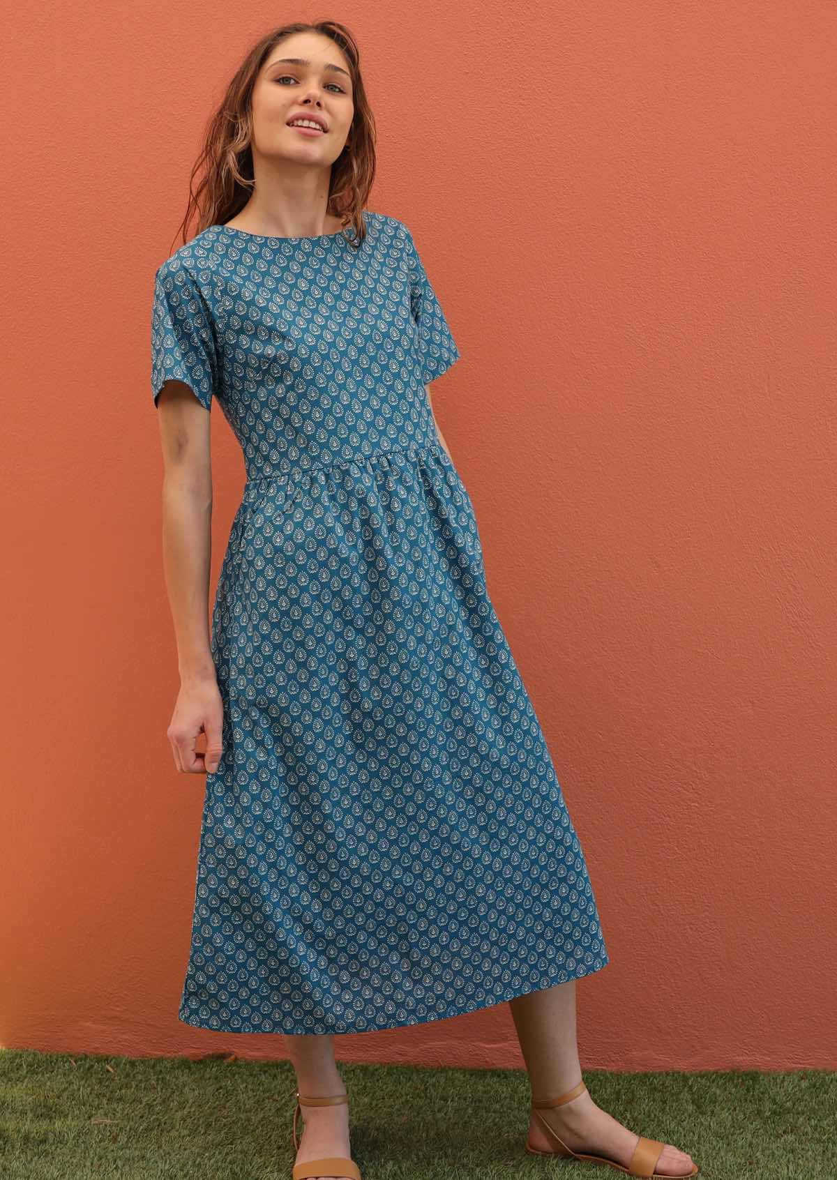 Lined cotton midi length relaxed fit blue base dress