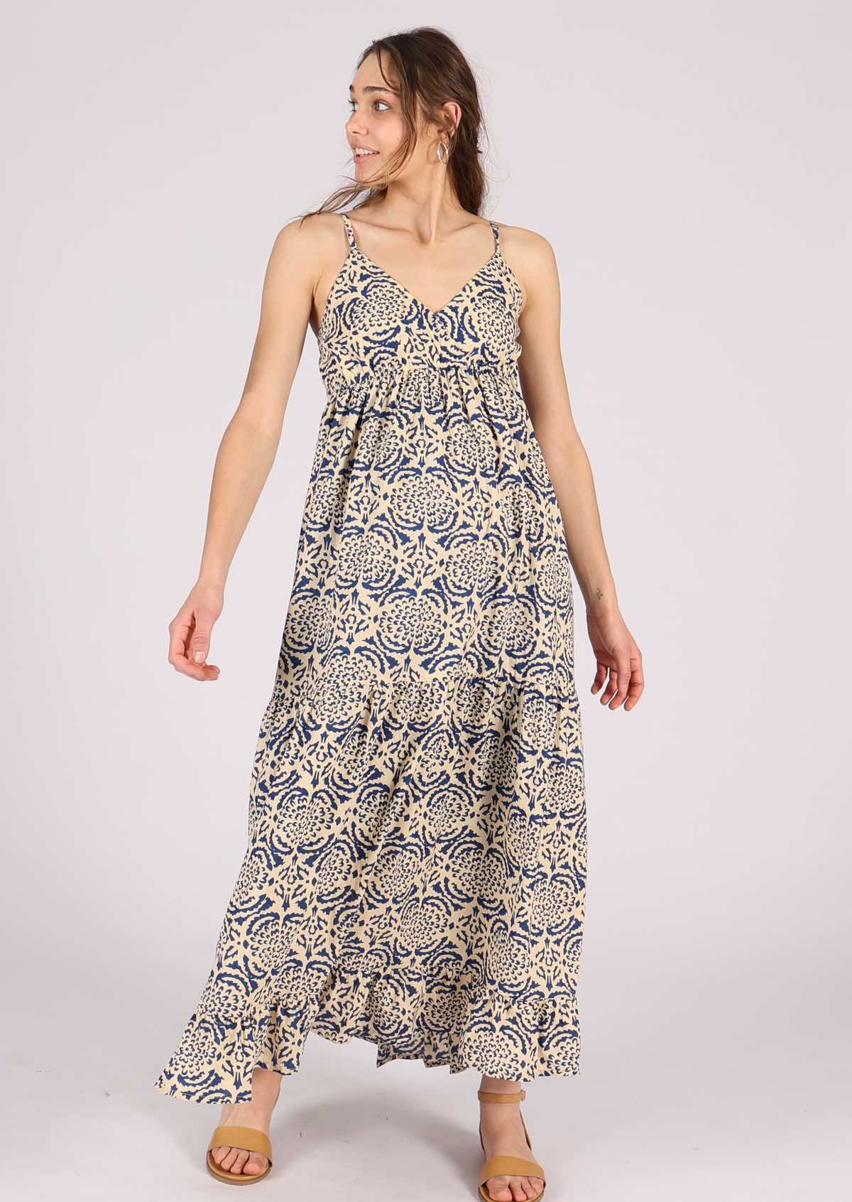 Blue floral block print maxi dress