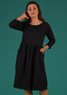 Avery Dress 100%  double cotton black 3/4 sleeve relaxed fit round neckline knee length dress | Karma East Australia