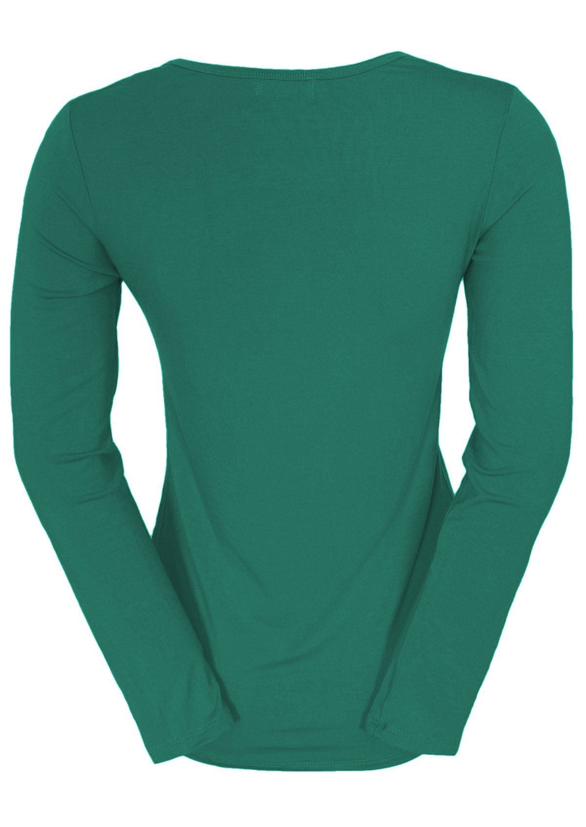 Back view of women's round neck green long sleeve rayon top.