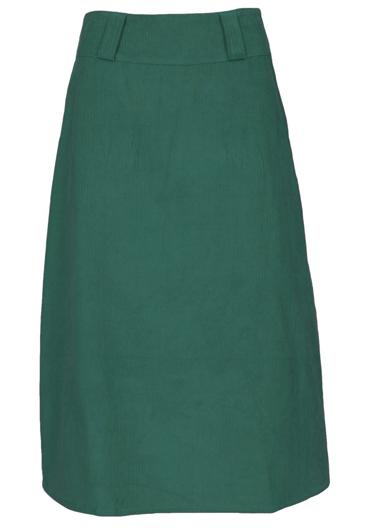 Hunter green 100% cotton corduroy skirt ends at the shin. 