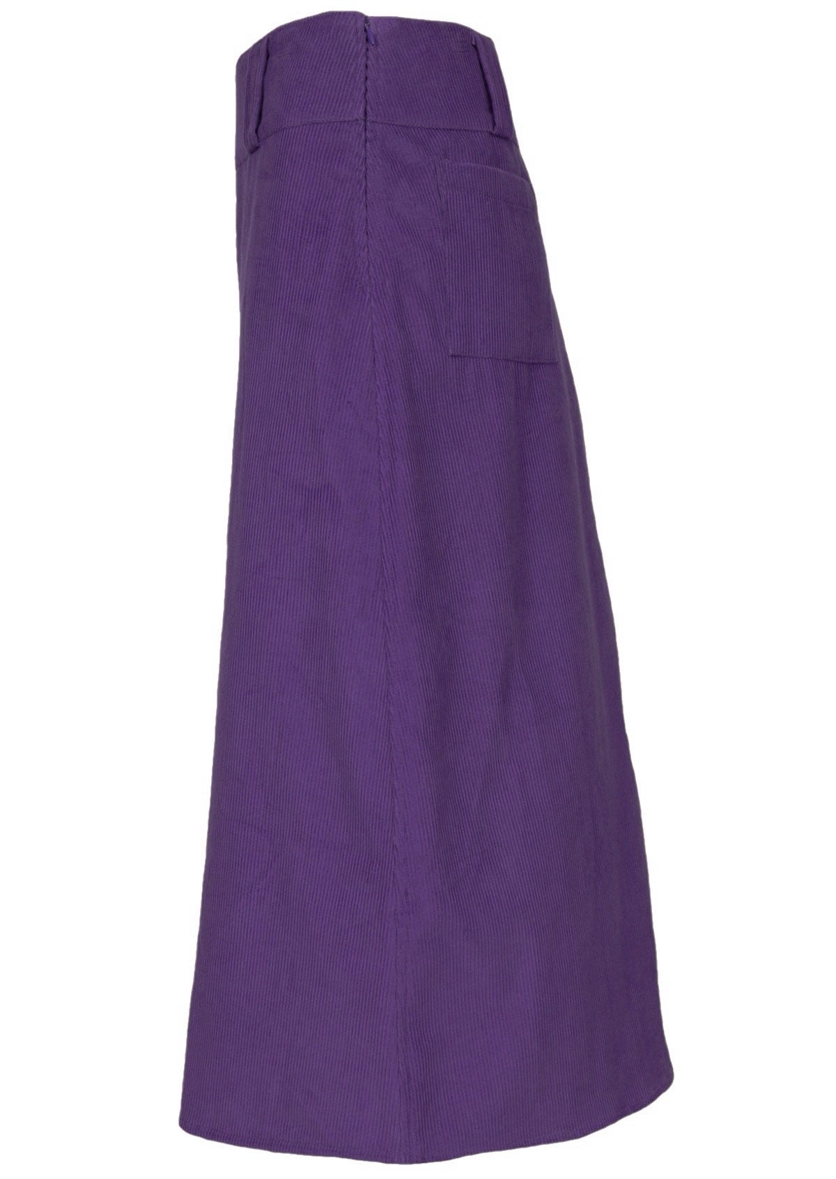 Purple corduroy skirt that ends on the shin features pockets at the back.