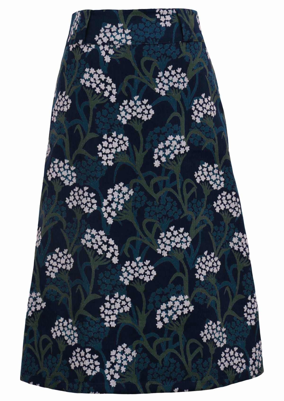 Floral print 100% cotton corduroy skirt that has an A-line shape. 