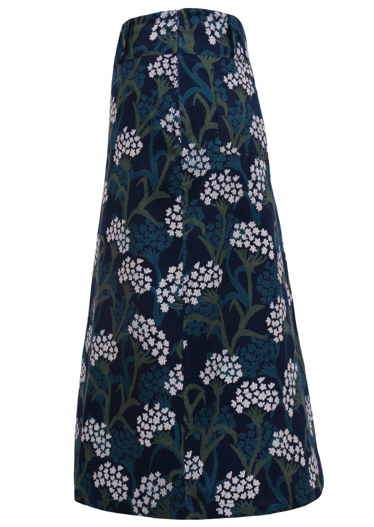 Blue based corduroy skirt with a yarrow flower print features belt loops. 
