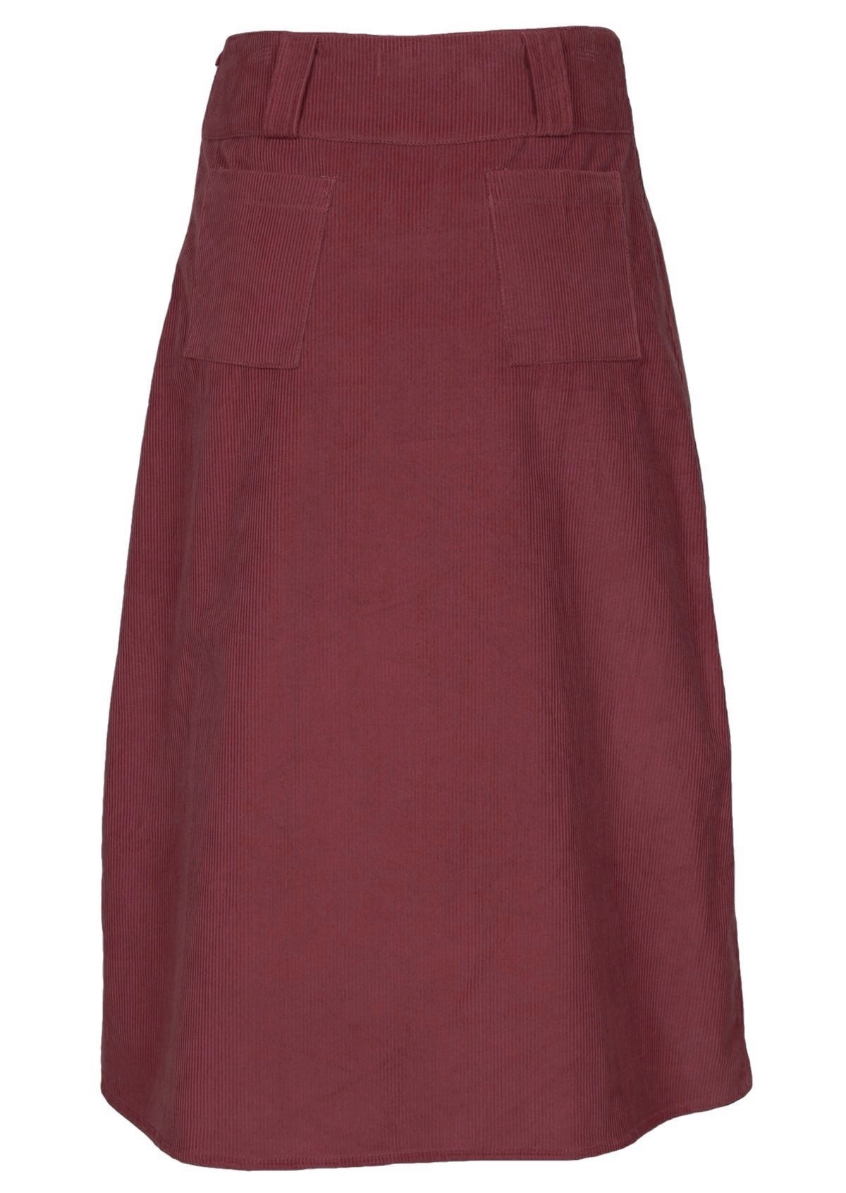 Deep red skirt features back pockets. 