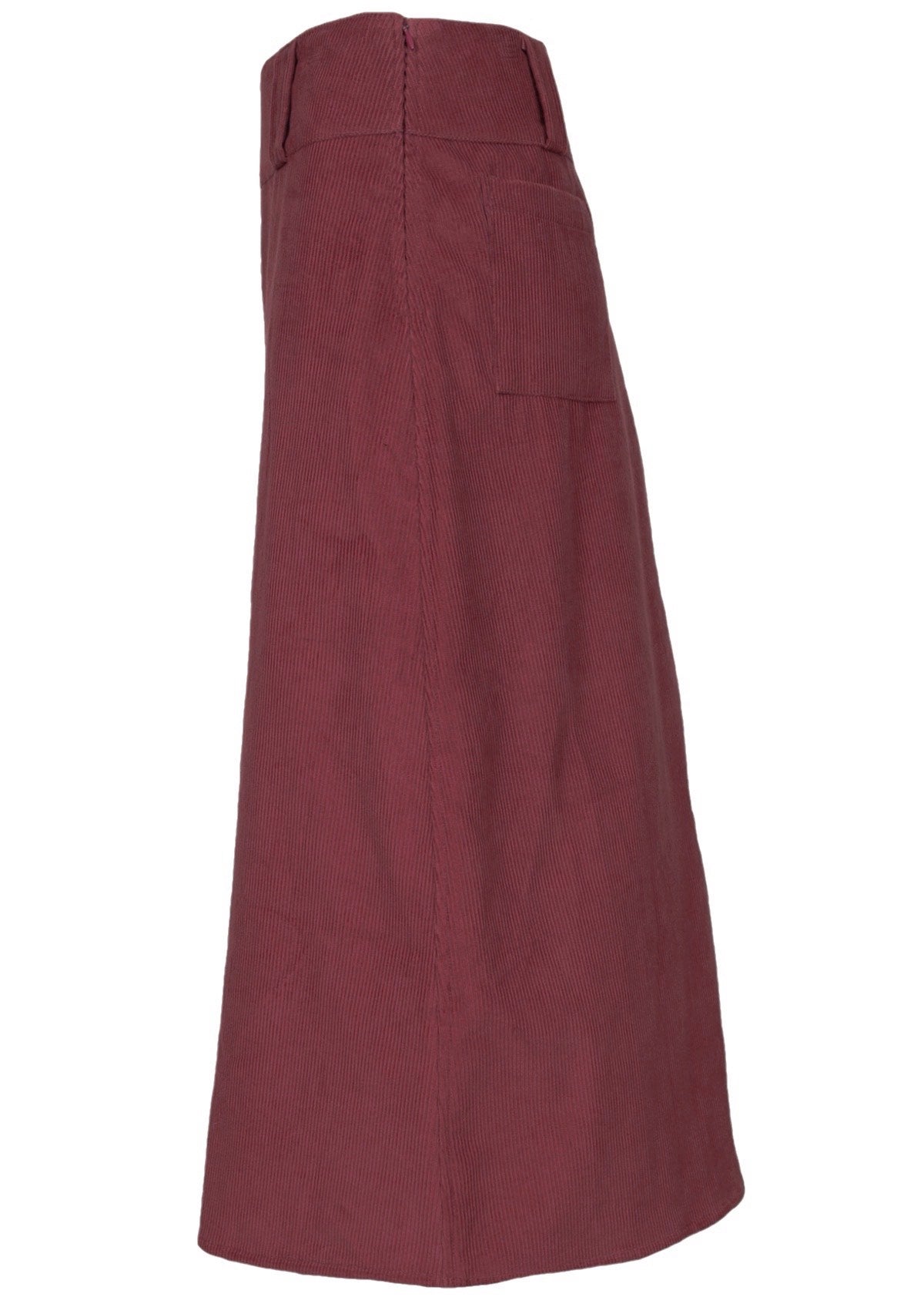 100% cotton corduroy skirt ends at the shin and has belt loops. 