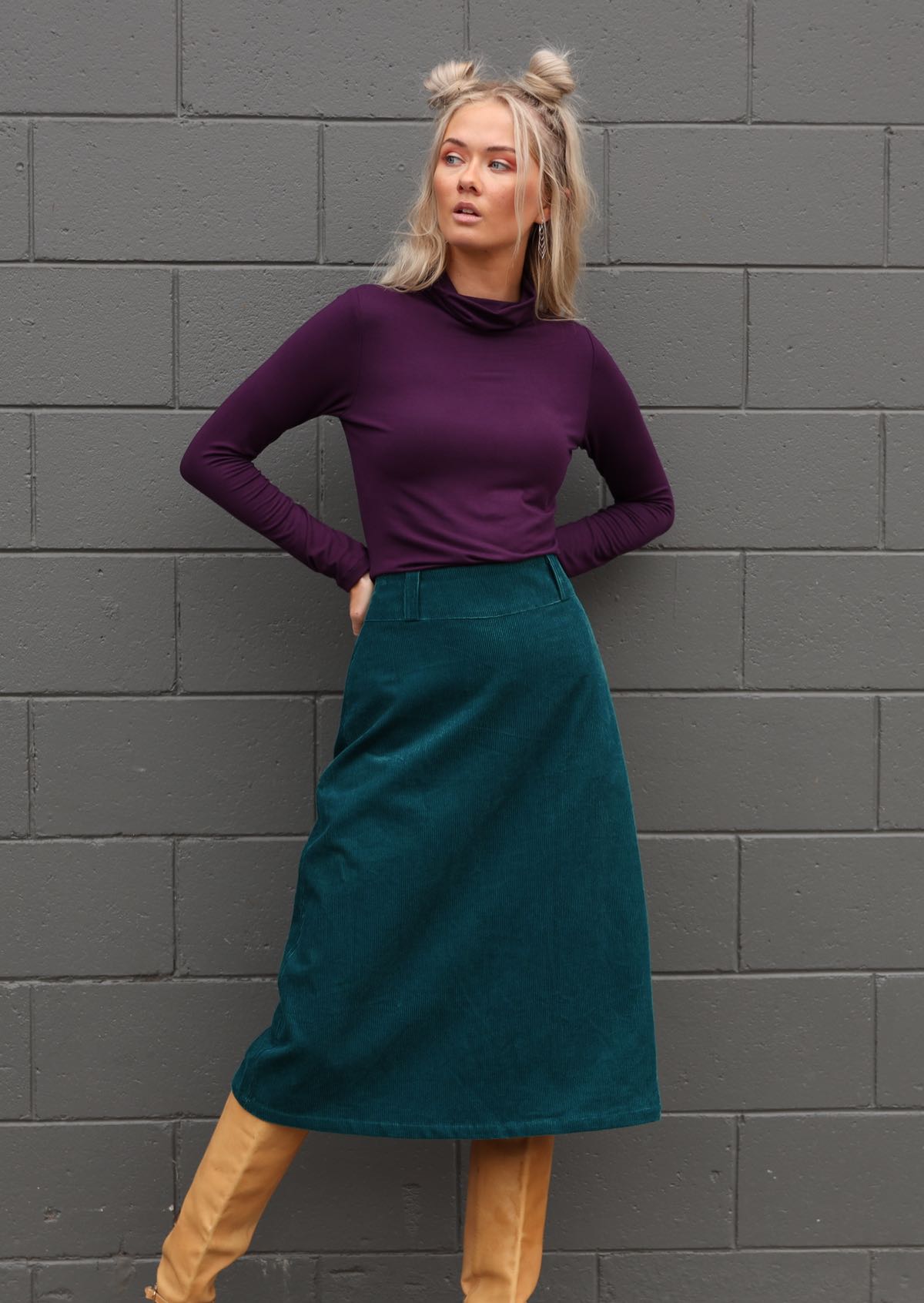 Cotton corduroy A-line skirt in deep teal