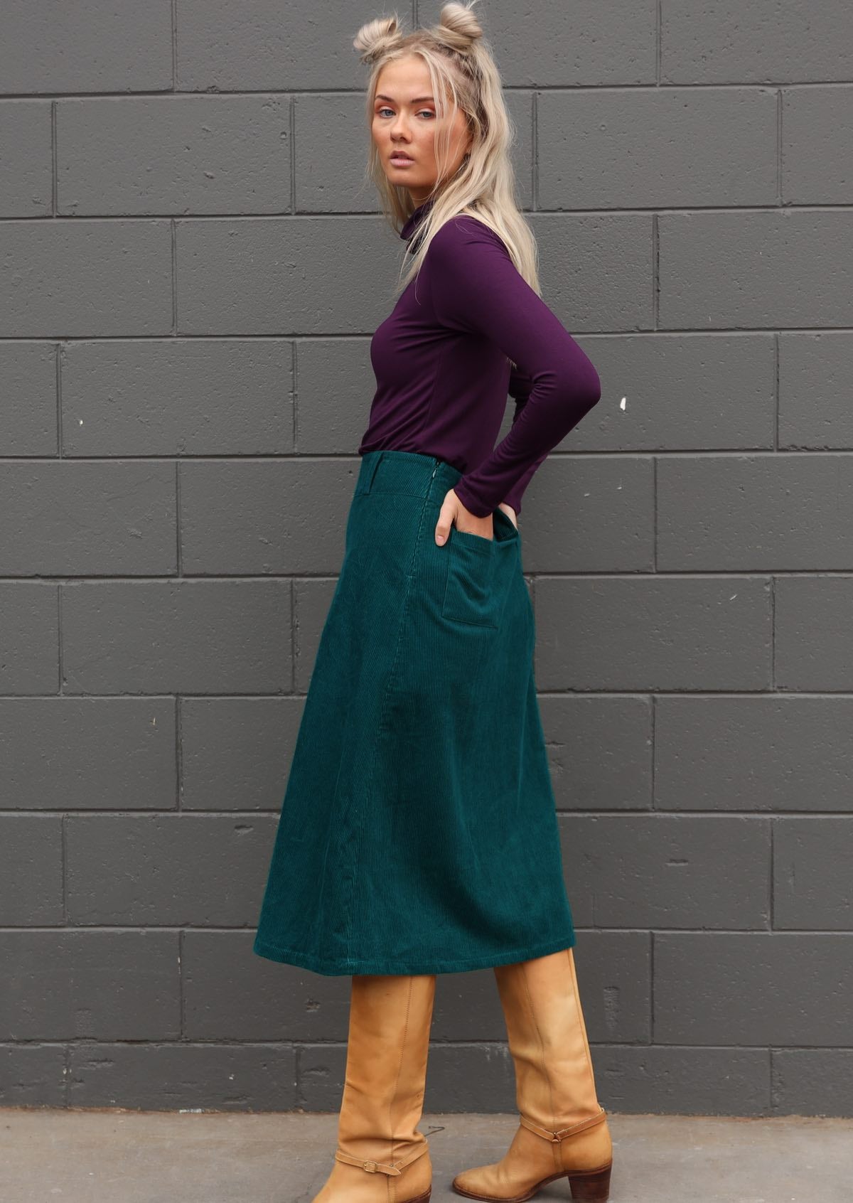 Cotton corduroy deep teal shin length skirt with back pockets