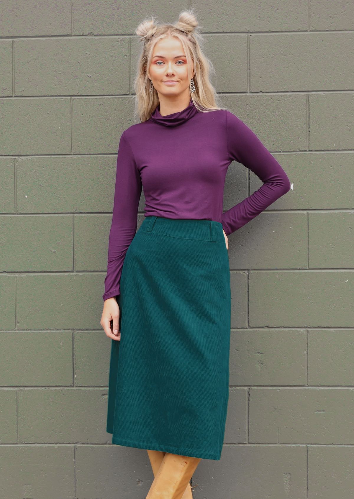 Corduroy skirt pairs perfectly with one of our basic tops