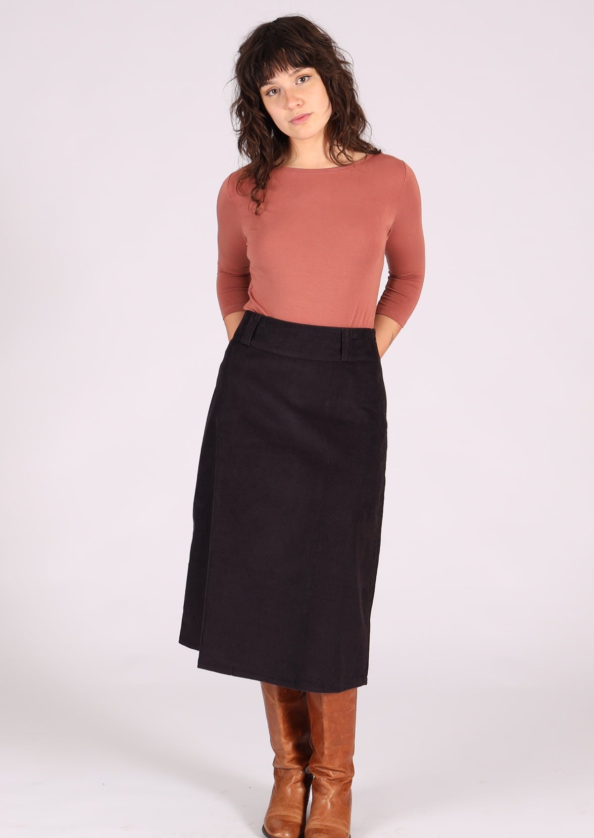 Corduroy A-line skirt with belt loops and back pockets