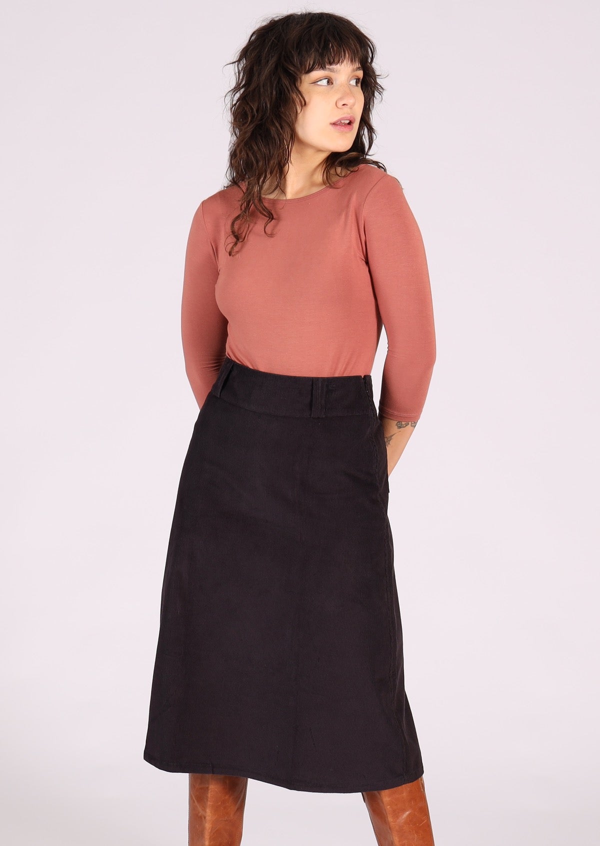 Cotton corduroy midi length dark grey skirt with belt loops