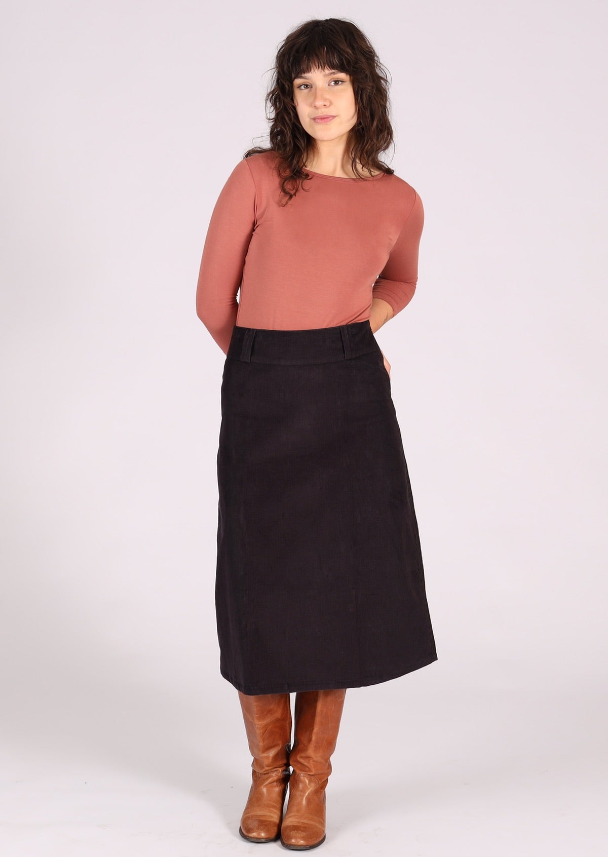A-line cotton corduroy midi length skirt with side zip