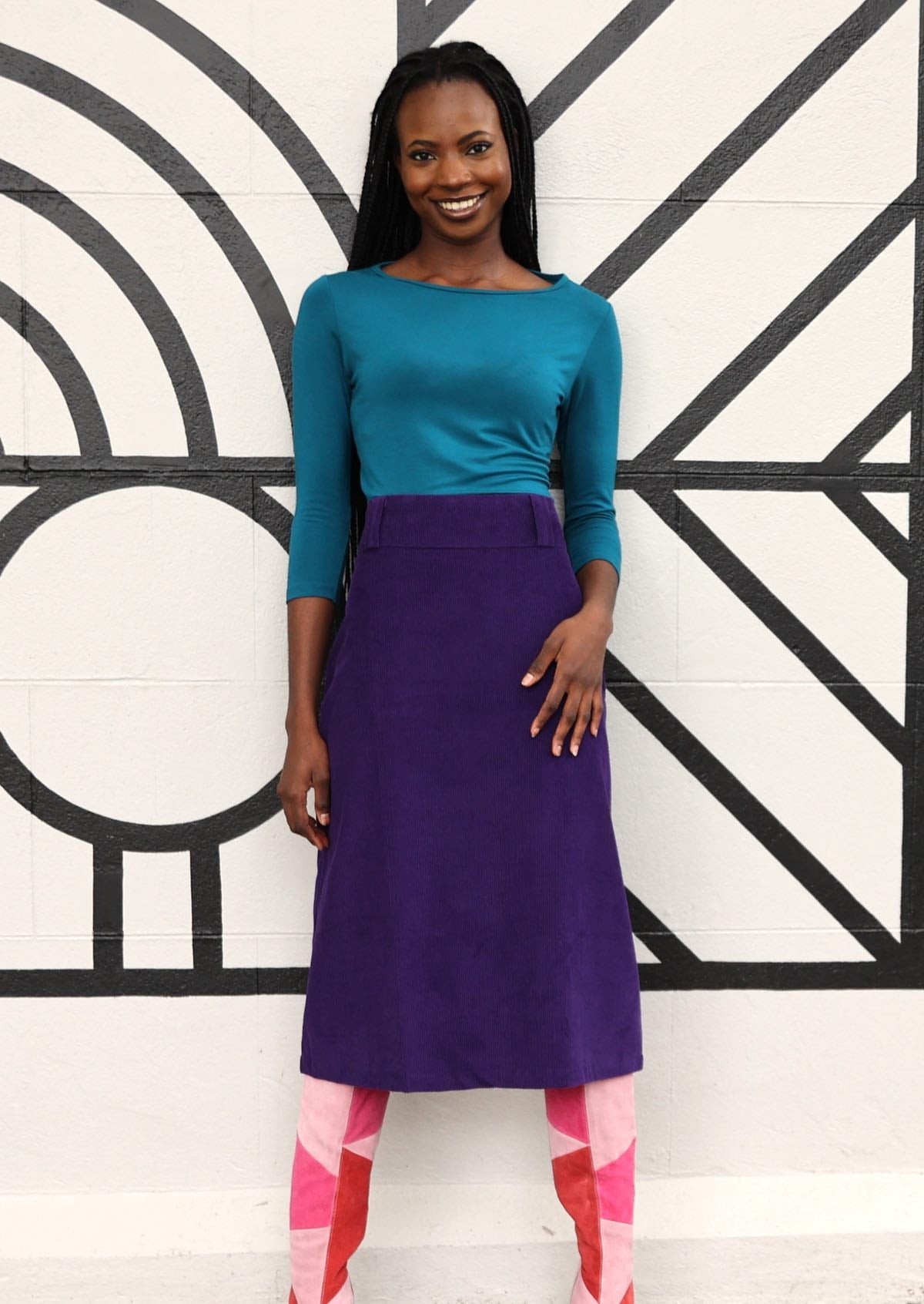 Bright purple cotton corduroy A-line midi length skirt